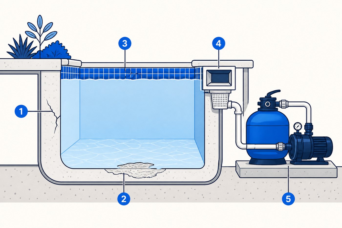 Diagram of common swimming pool repair areas: wall cracks, worn surface, waterline tiles, weir box and pump plant