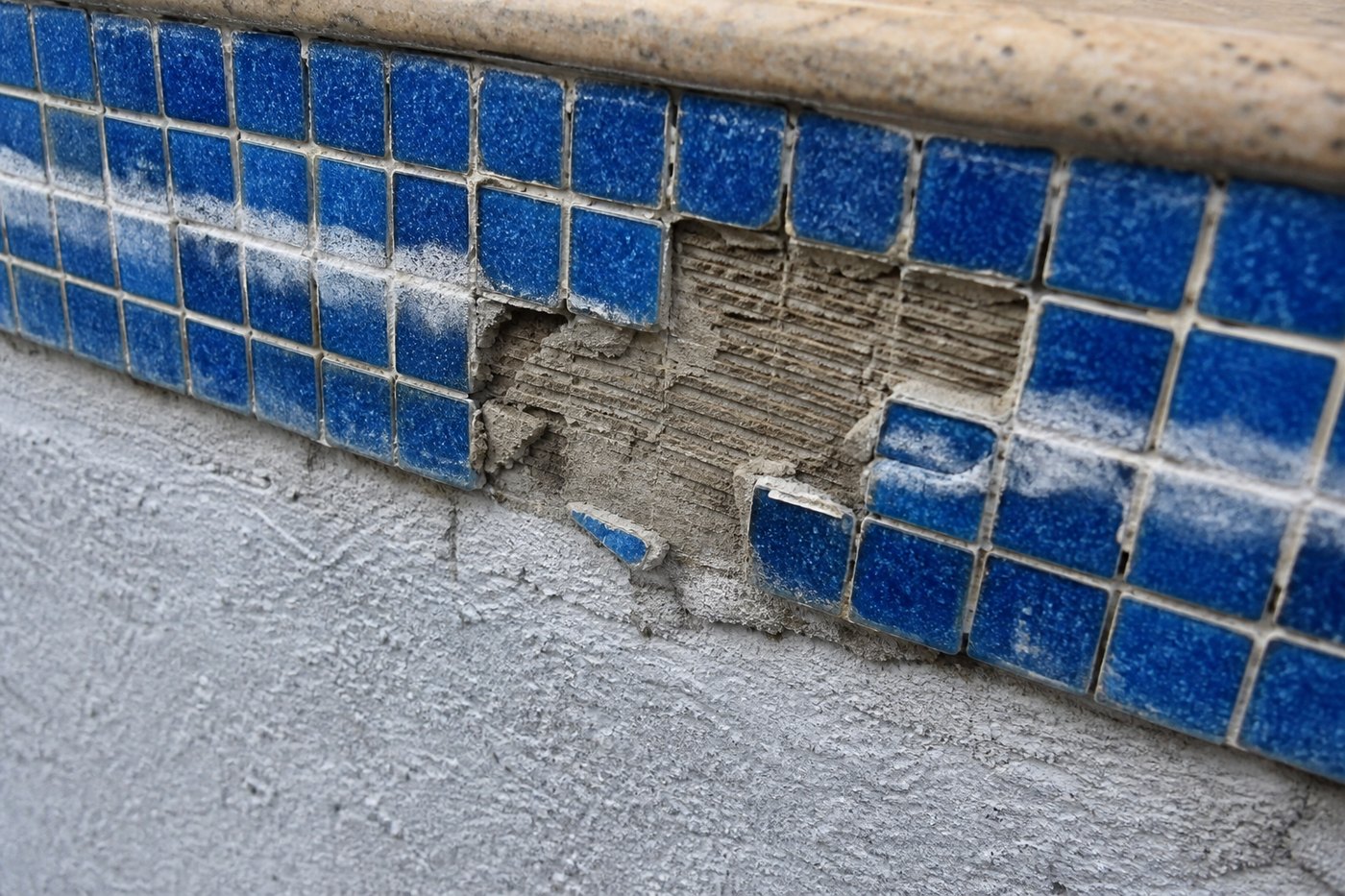 Swimming pool waterline with missing blue mosaic tiles, washed out grout and white calcium scale on the surrounding tiles