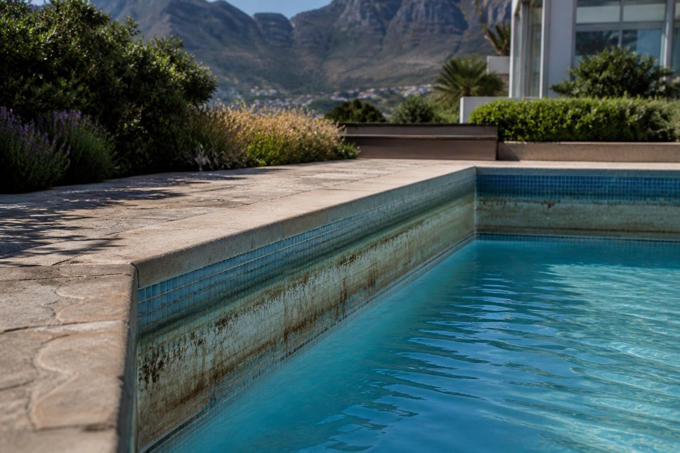 Swimming pool with a dropped water level showing a stained tide line above the waterline tiles at a Cape Town home