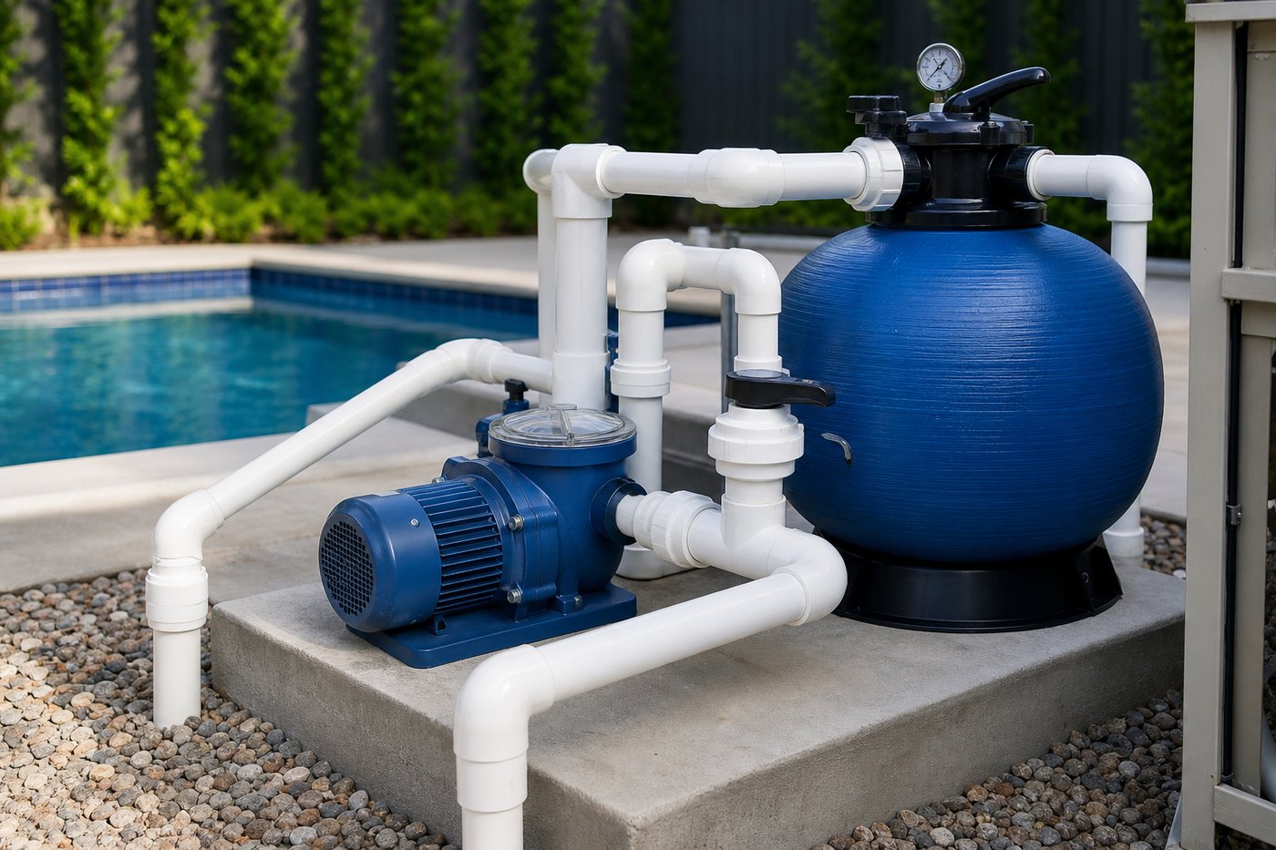 Newly installed swimming pool pump and blue sand filter with neat white PVC pipework on a concrete plinth
