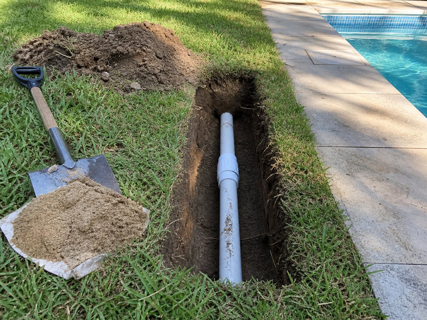 Narrow excavation in a lawn beside a pool exposing a white PVC pool pipe with a repair coupling fitted