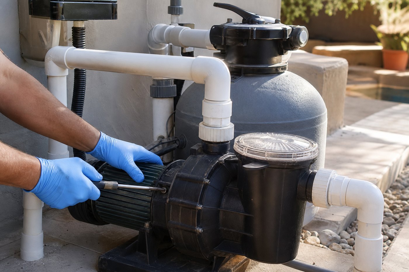 Technician in gloves repairing a swimming pool pump motor at a filter station with sand filter and multiport valve