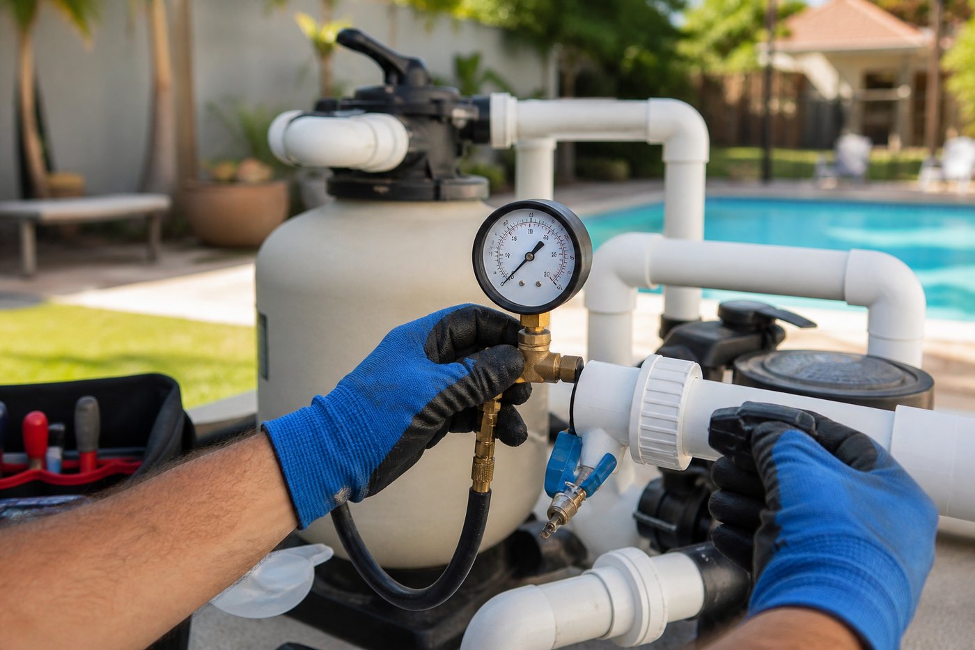 Technician pressure testing swimming pool plumbing with a gauge manifold attached to the PVC pipework at the pump station
