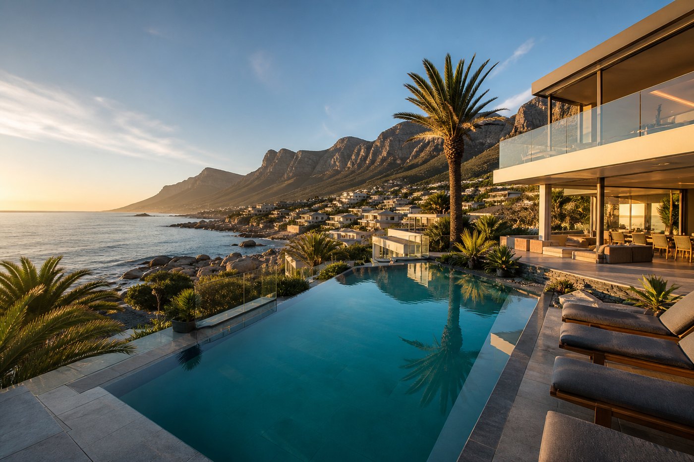 Swimming pool at a Camps Bay home on the Atlantic Seaboard with sea views and the Twelve Apostles behind