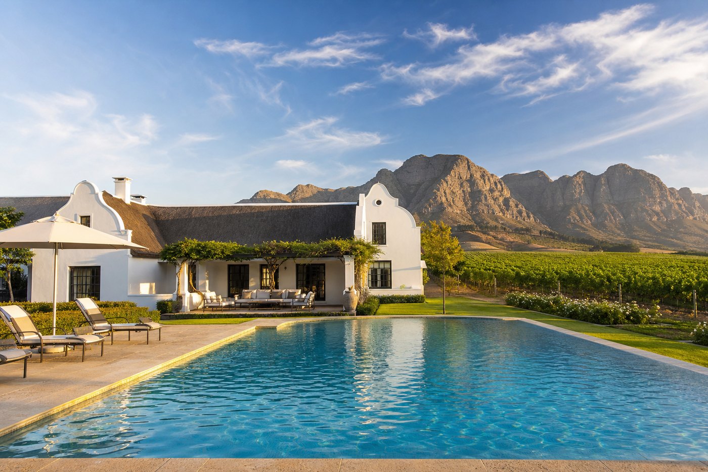 Swimming pool at a Cape Winelands estate with Cape Dutch architecture, vineyards and mountains behind