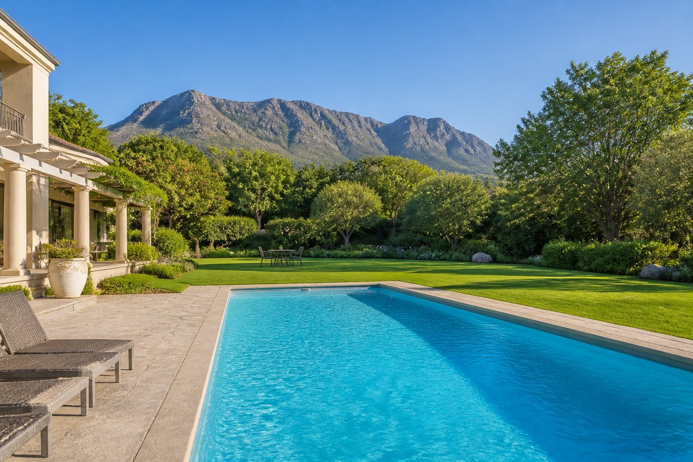 Swimming pool on a green lawn at a Somerset West home with the Helderberg mountain rising behind