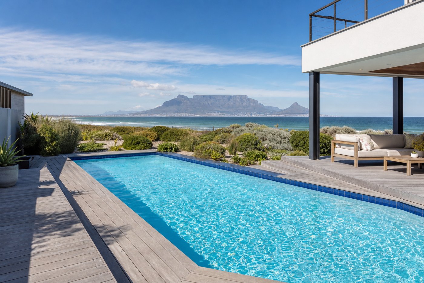 Swimming pool at a Blouberg coastal home with Table Mountain across the bay, West Coast Cape Town
