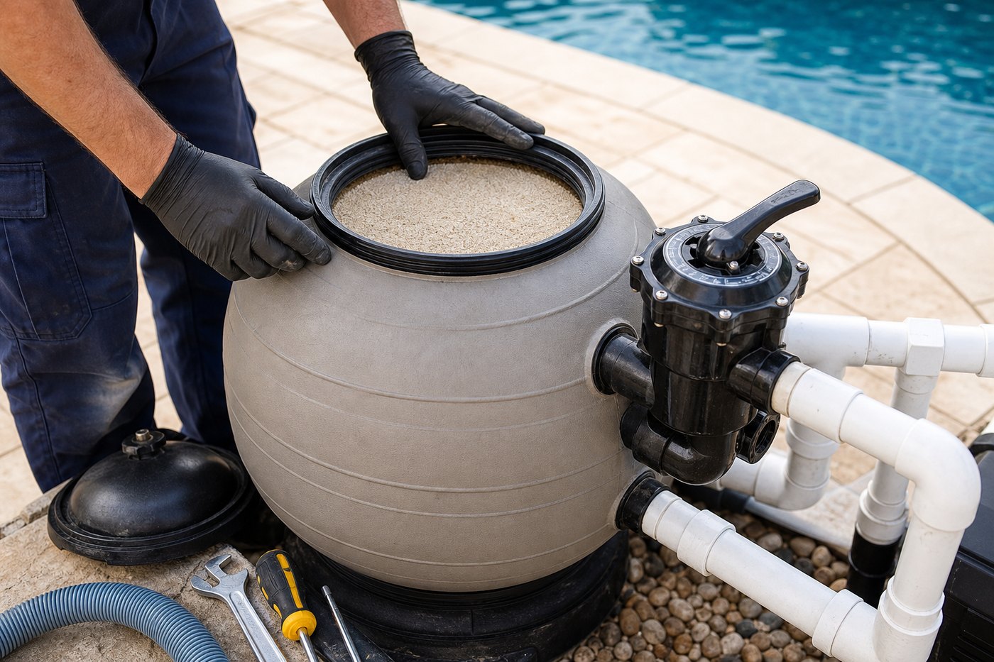 Swimming pool sand filter opened with the lid off showing the filter sand, multiport valve and white PVC pipework