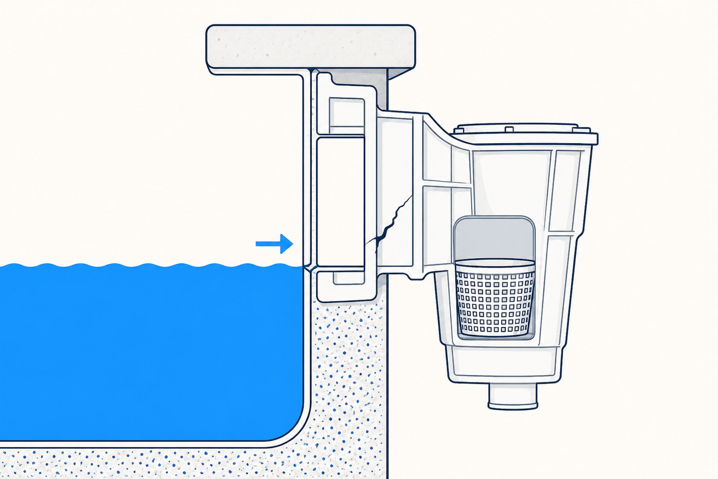 Diagram showing pool water dropping to the bottom of the skimmer weir mouth and stopping, caused by a crack where the weir housing meets the pool shell