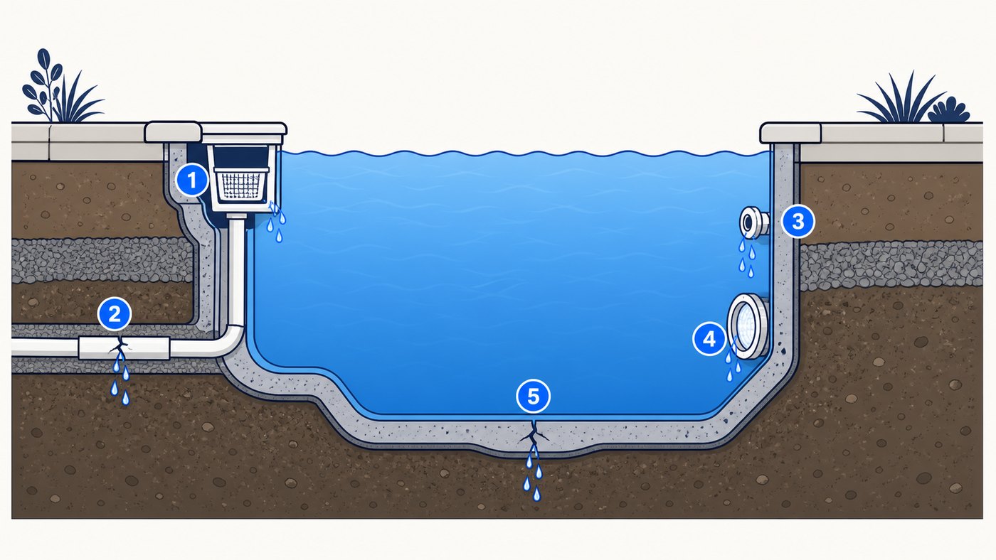 Diagram showing the five most common swimming pool leak points: skimmer weir, suction pipe, return line, light niche and floor crack